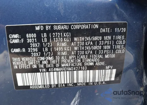 2021 Subaru Ascent Touring из США, поврежденный, VIN 4S4WMARDXM3427163